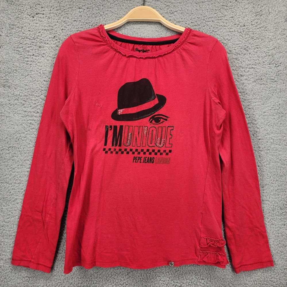 Pepe Jeans London Red I'M UNIQUE Graphic Ruffle Long‎ Sleeve Top Size UK16